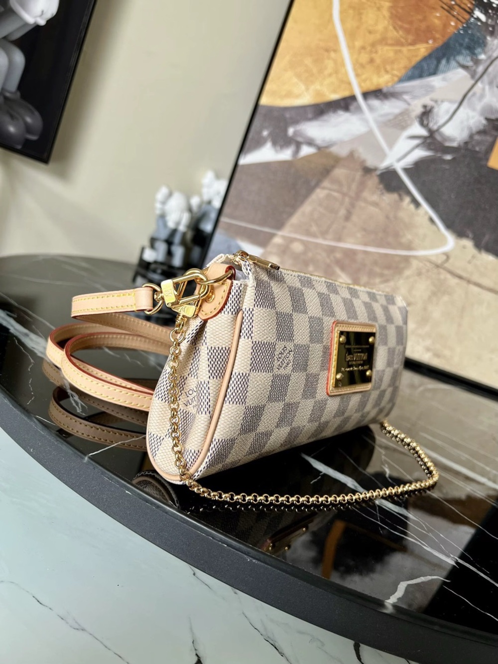 Designer Cream Check Crossbody Bag with Gold Chain